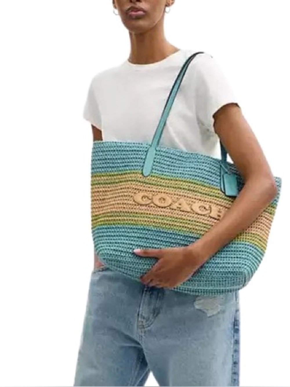 COACH Straw City Tote - Turquoise Multi - Picture 4 of 8